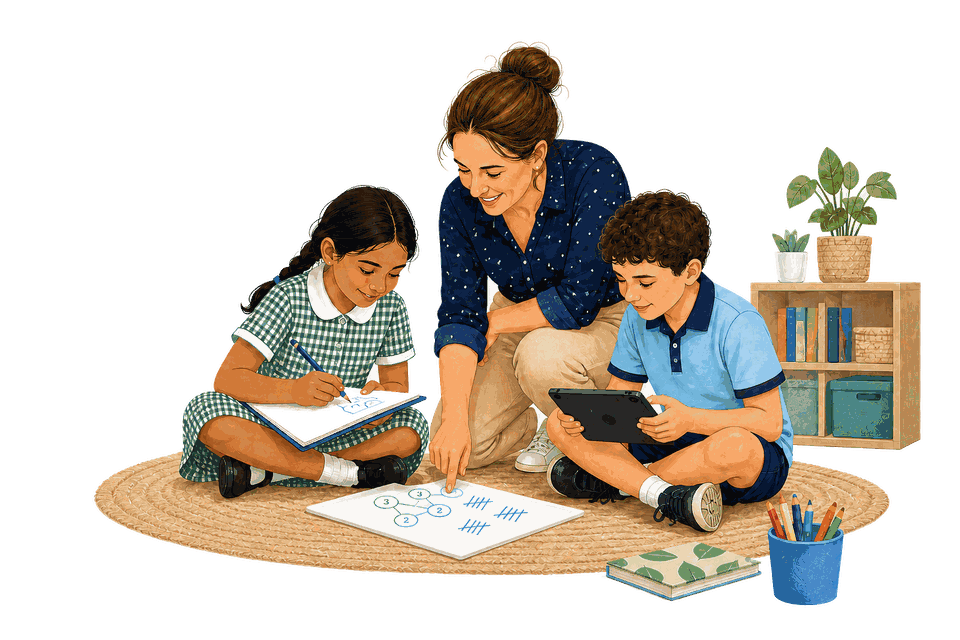 A teacher kneeling on a classroom rug with two primary students, one writing her working out on paper and one working on a tablet.