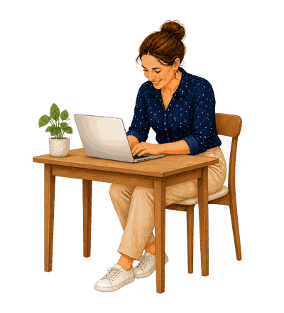 A teacher at her laptop reviewing student work.